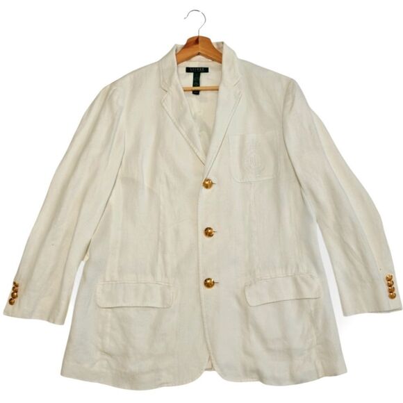 VTG Ralph Lauren 100% Linen White Cream Blazer Gold tone buttons size L - Picture 1 of 9